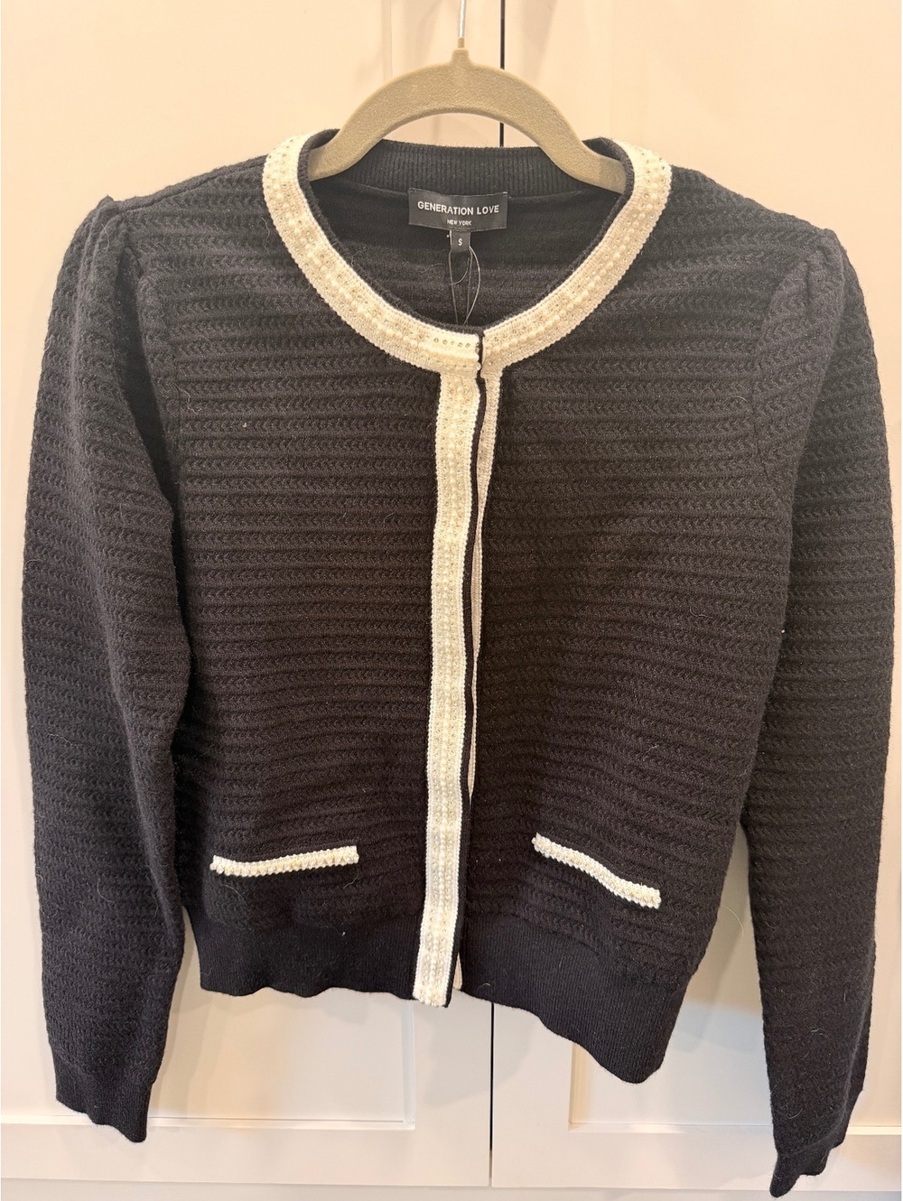 Generation Love sweater cardigan, black with white trim and bling